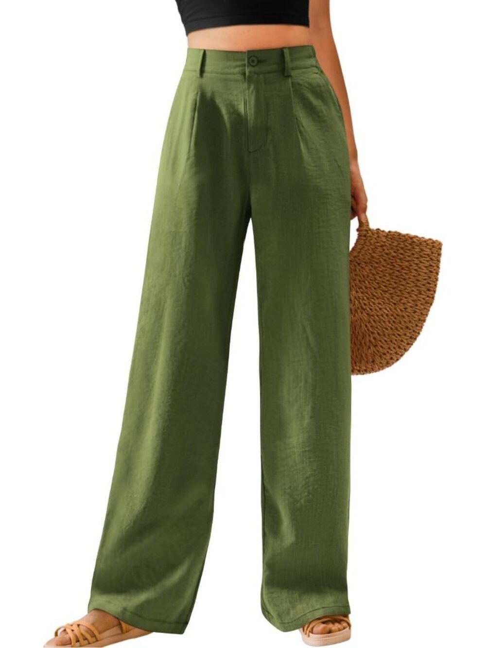 Women's Dark Green High Waisted Button Down Straight Long Casual Wide Leg Pants
